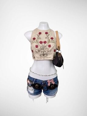 Archive BEBE Embroidered Corset Style Crop Top Y2K Cyber Grunge